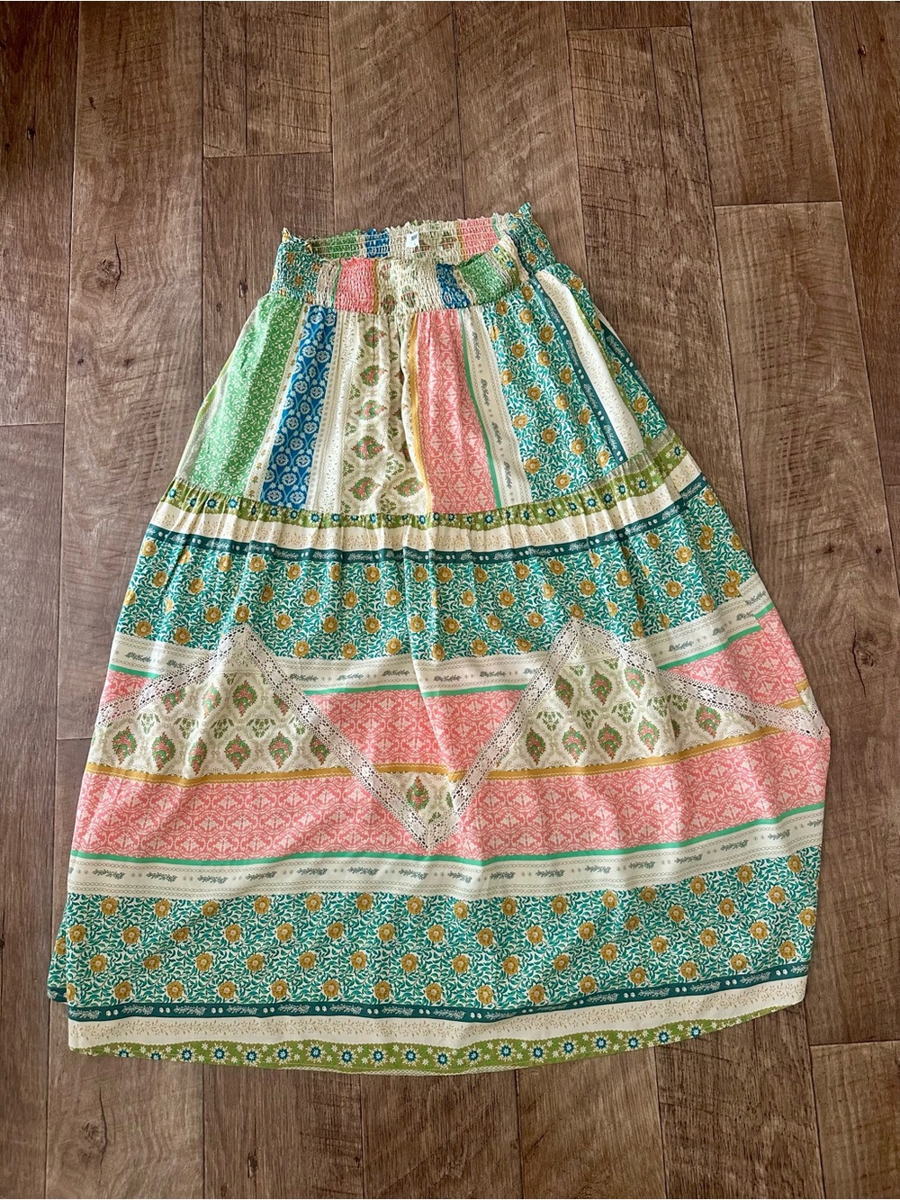 Boho Tiered Floral Midi Skirt in Green & Coral